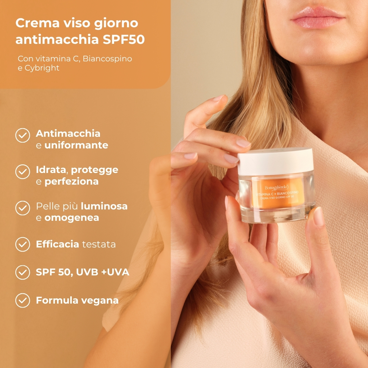 Vitamina C + Biancospino - Crema viso giorno idratante antimacchia SPF50 - con Vitamina C, Biancospino e Cybright - riduce l'intensit&agrave; delle macchie