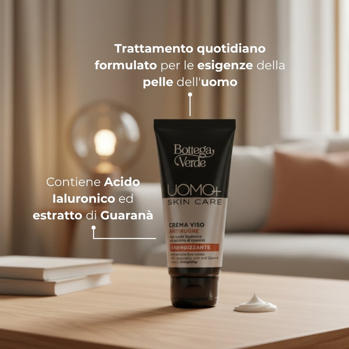 UOMO+ skincare - Crema viso - antirughe energizzante - con acido Ialuronico ed estratto di Guaran&agrave;