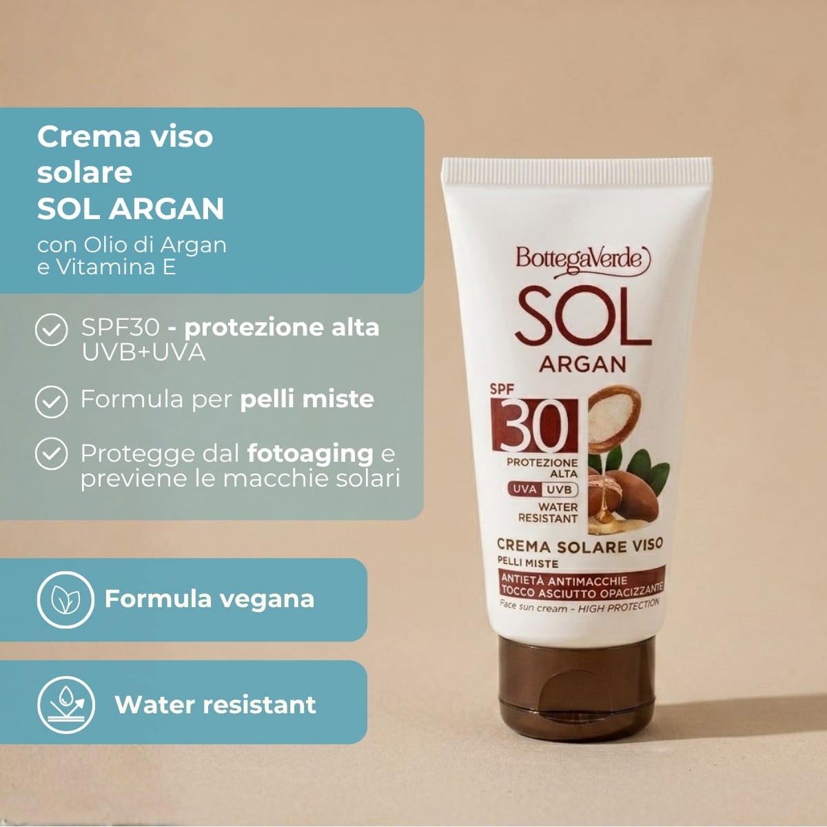 SOL Argan - Crema solare viso - antiet&agrave; antimacchie '' tocco asciutto opacizzante - con olio di Argan e Vitamina E - SPF30 protezione alta - water resistant - pelli miste