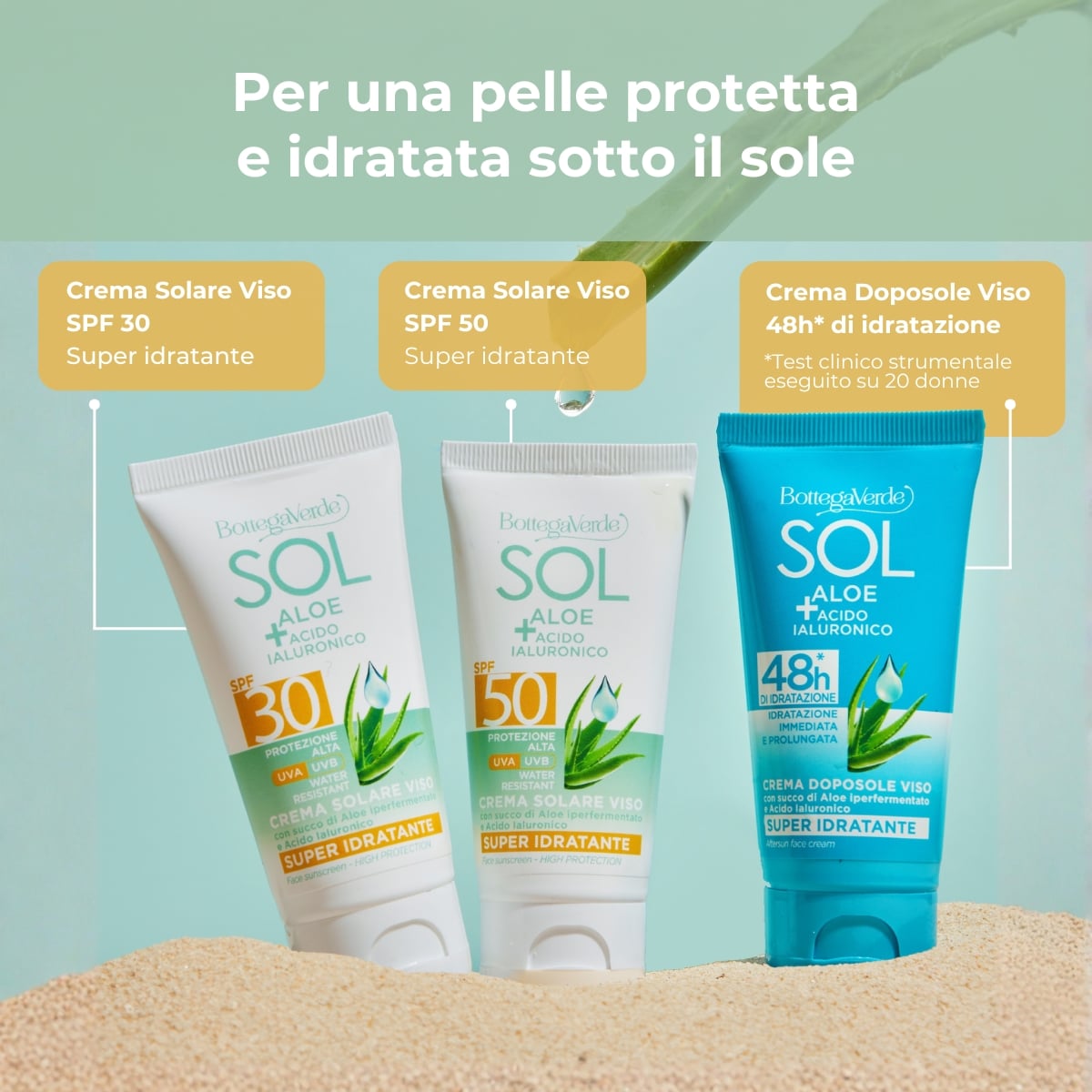 SOL Aloe Acido Ialuronico - Crema solare viso - super idratante - con succo di Aloe iperfermentato e Acido Ialuronico - protezione alta SPF30 - water resistant