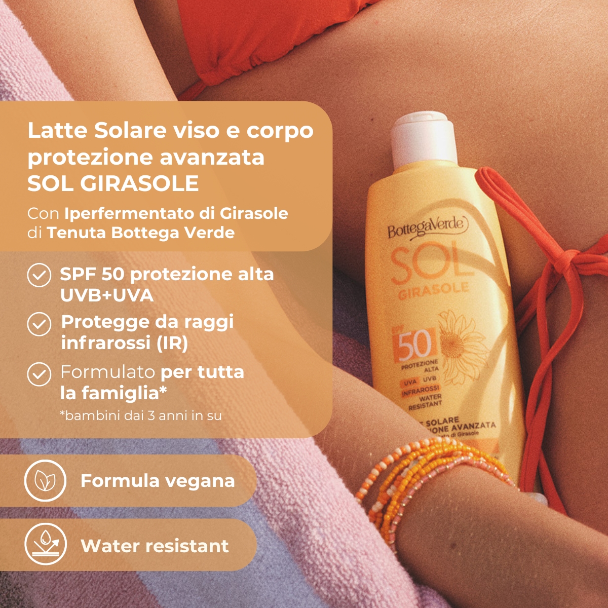 SOL Girasole - Latte solare - protezione avanzata - viso e corpo - con iperfermentato di Girasole di Tenuta Bottega Verde - PROTEZIONE ALTA SPF50 - INFRAROSSI - WATER RESISTANT