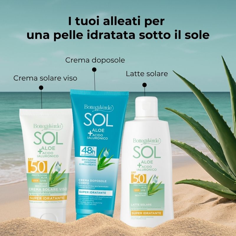 SOL Aloe Acido Ialuronico - Crema doposole - super idratante - con succo di Aloe iperfermentato e Acido Ialuronico - 48h* di idratazione - idratazione immediata e prolungata