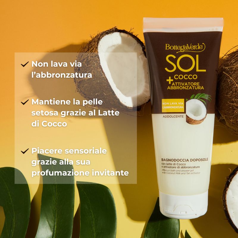 SOL Cocco + Attivatore di abbronzatura - Bagnodoccia doposole - addolcente - con Latte di Cocco e attivatore di abbronzatura - non lava via l'abbronzatura