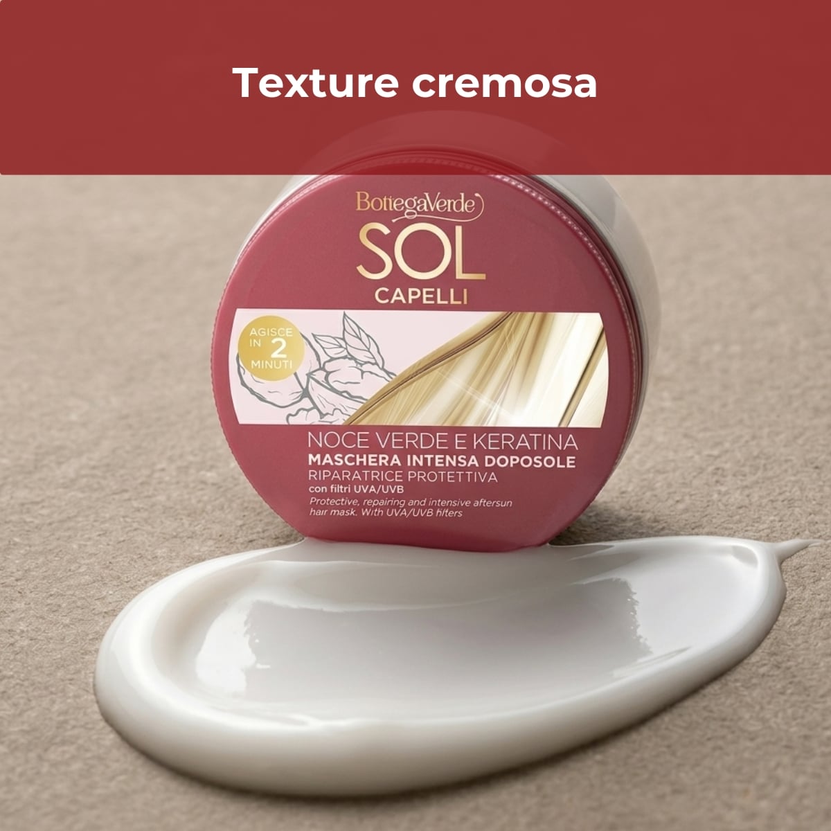 Sol Capelli - Noce verde e Keratina - Maschera intensa doposole - riparatrice protettiva - con olio di Noce verde e Keratina - con filtro UVA/UVB - capelli stressati da sole, mare e cloro