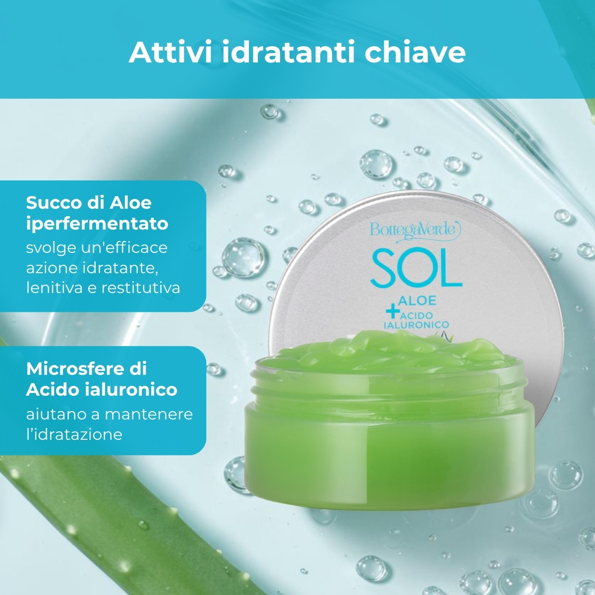 SOL Aloe Acido Ialuronico - Gel doposole corpo - idratante con 90% di succo di Aloe* e Acido Ialuronico - azione rinfrescante immediata