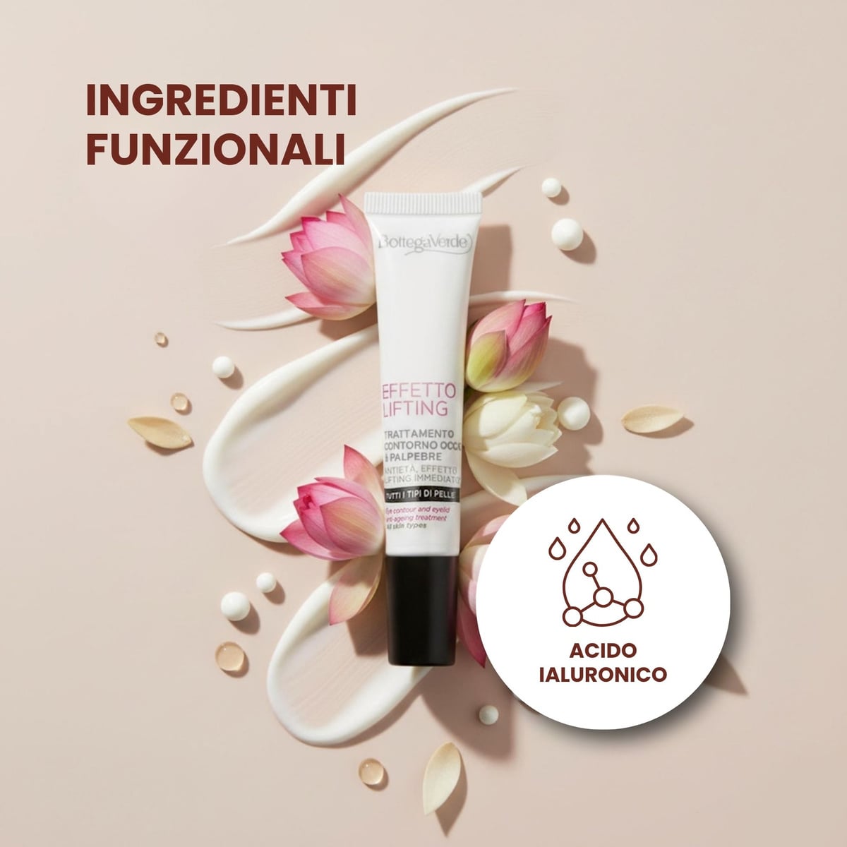 Effetto Lifting - Trattamento contorno occhi e palpebre antiey&agrave;, effetto lifting immediato*,  con acido Ialuronico, Ceramidi ed estratto di Fior di Loto