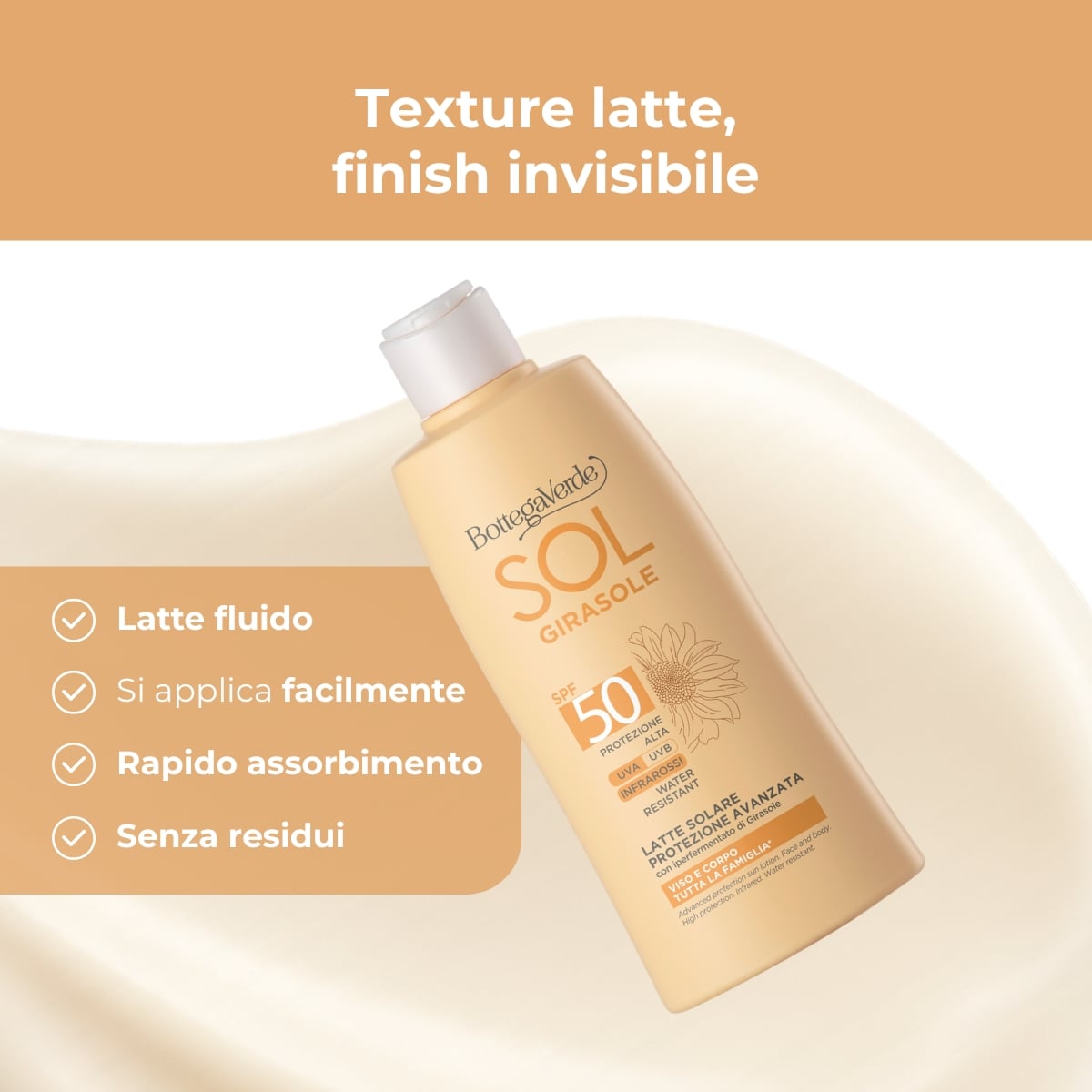 SOL Girasole - Latte solare - protezione avanzata - viso e corpo - con iperfermentato di Girasole di Tenuta Bottega Verde - PROTEZIONE ALTA SPF50 - INFRAROSSI - WATER RESISTANT