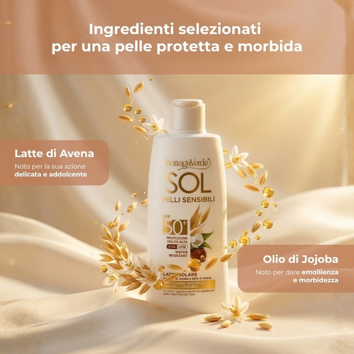 SOL pelli sensibili - Latte solare - protezione specifica per pelli sensibili - con olio di Jojoba e latte di Avena - protezione molto alta SPF50+ - water resistant