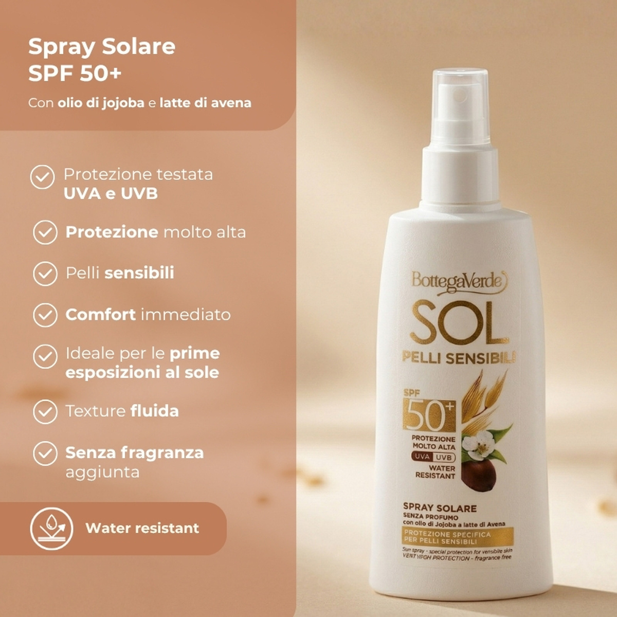 SOL pelli sensibili - Spray solare - senza profumo - protezione specifica per pelli sensibili - con olio di Jojoba e latte di Avena - protezione molto alta SPF50+ - water resistant