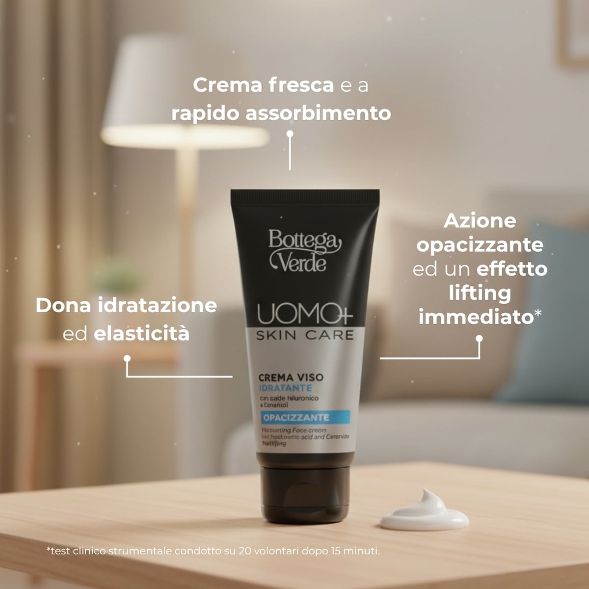 UOMO+ skincare - Crema viso - idratante opacizzante - con acido Ialuronico e Ceramidi