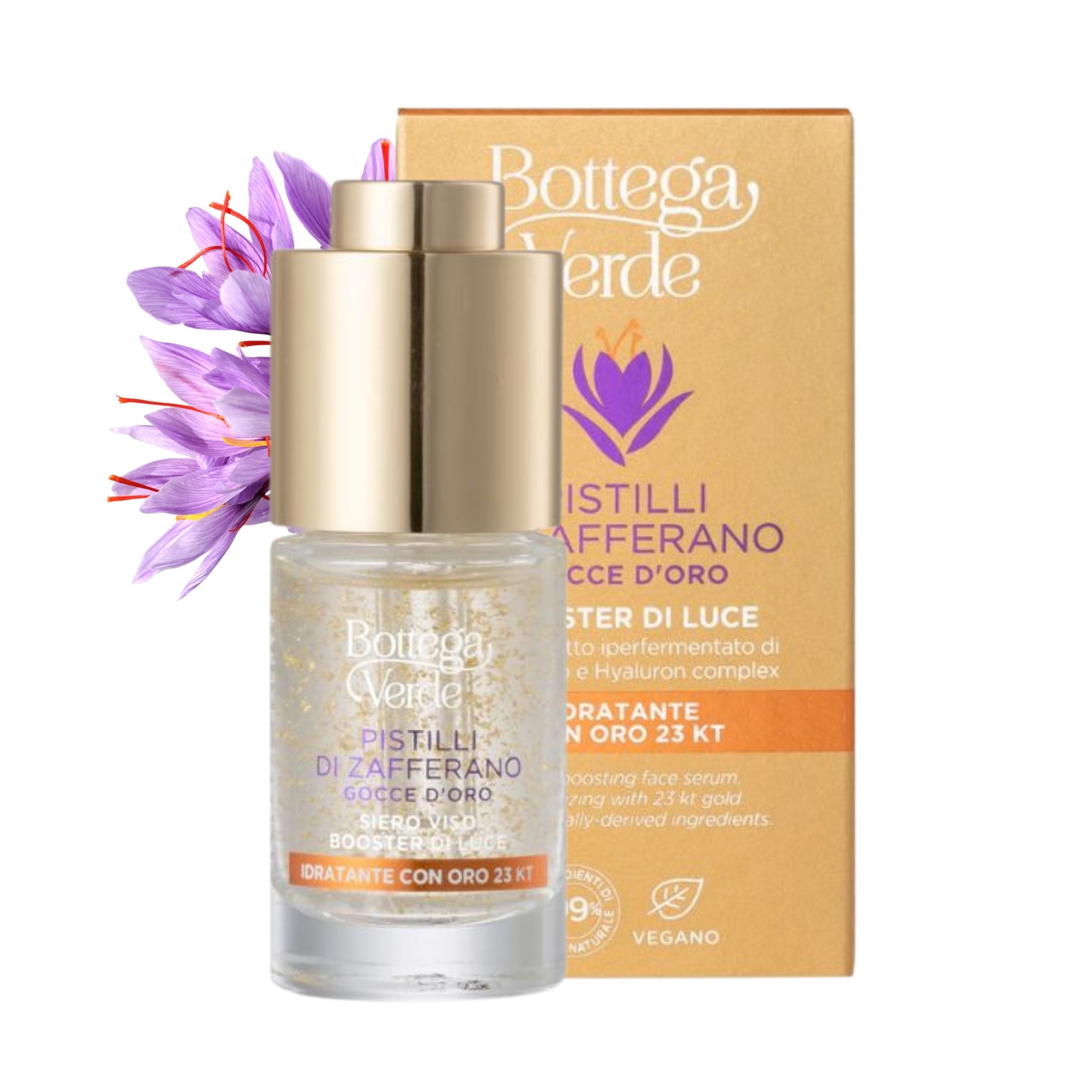 Pistilli di Zafferano - Gocce d'Oro - Siero viso booster di luce - idratante con oro 23 KT - con estratto iperfermentato di Zafferano e Hyaluron complex
