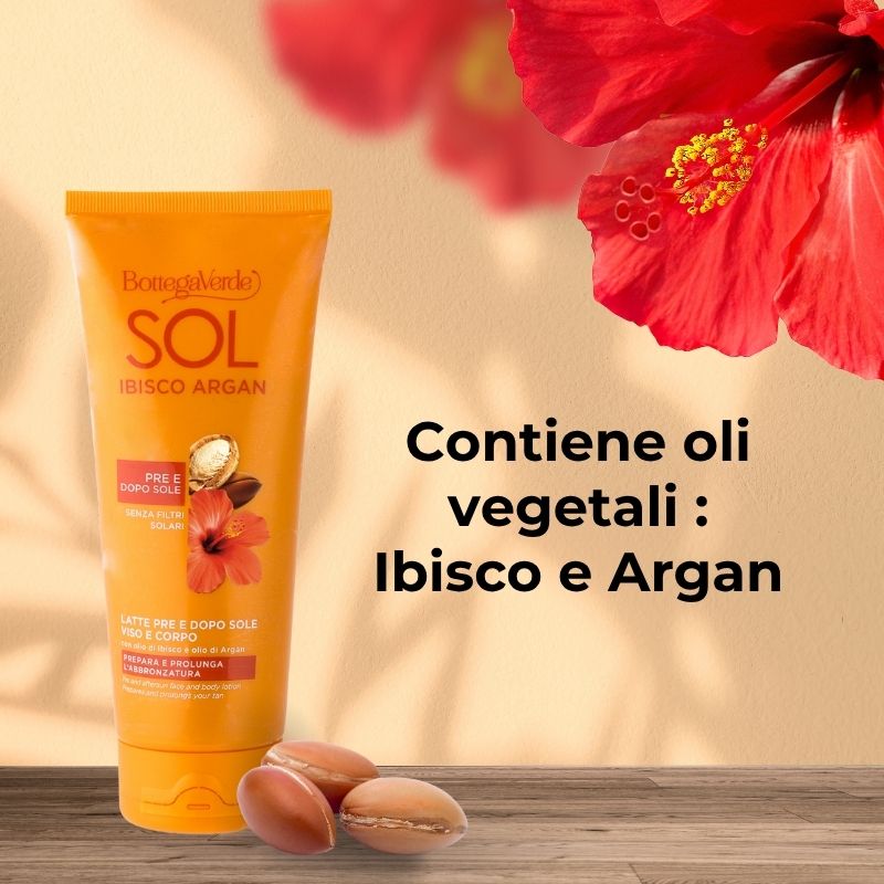 SOL Ibisco Argan - Latte pre e dopo sole - viso e corpo - prepara e prolunga l'abbronzatura - con olio di Ibisco e olio di Argan - pre e dopo sole - senza filtri solari