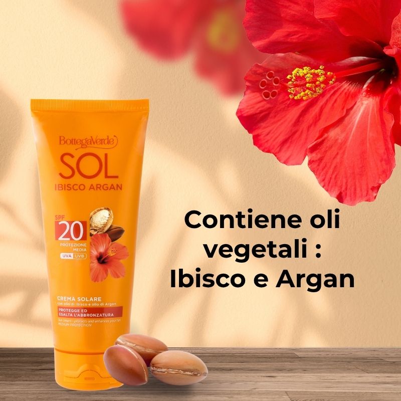SOL Ibisco Argan - Crema solare - protegge ed esalta l'abbronzatura - con olio di Ibisco e olio di Argan - protezione media SPF20