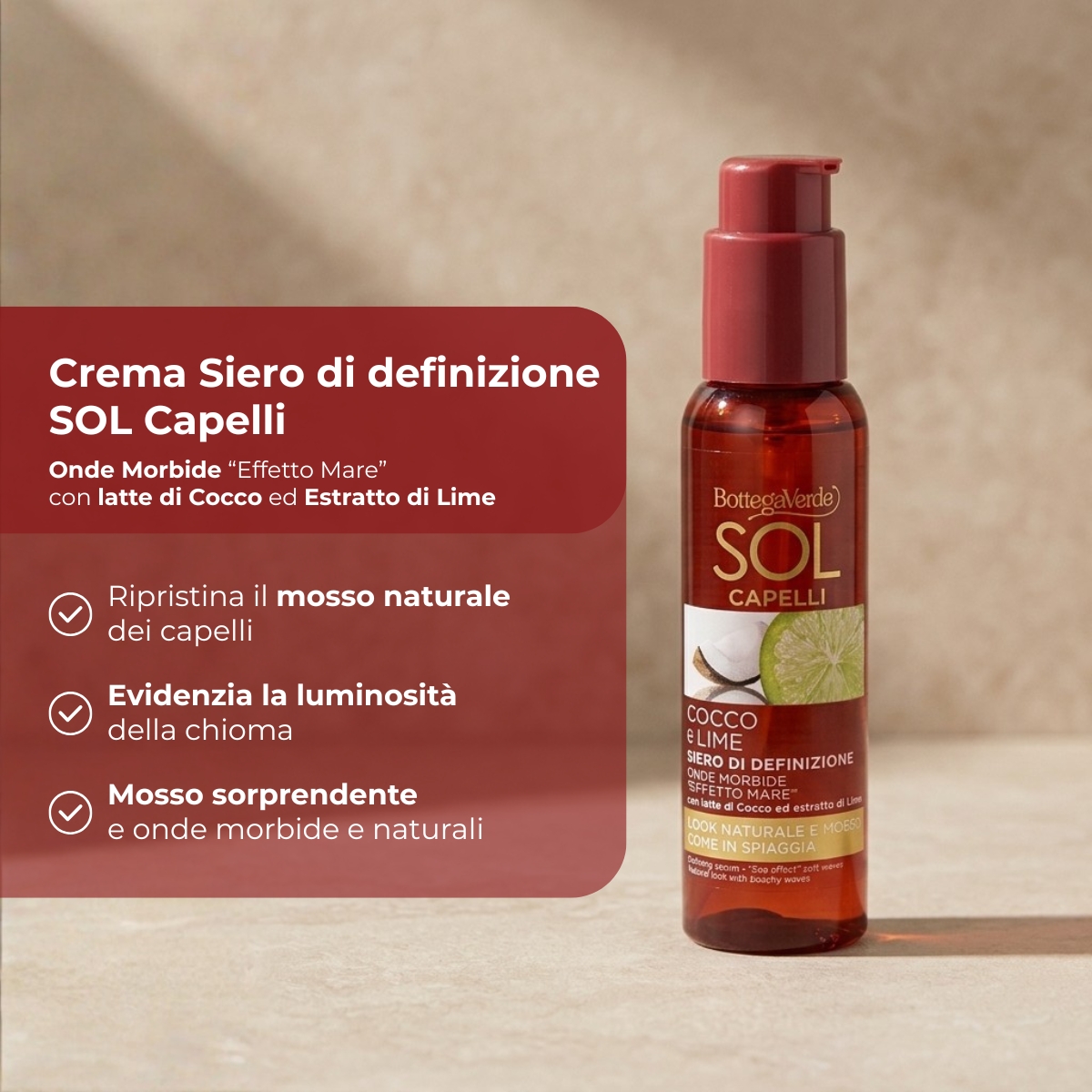 SOL Capelli - Siero di definizione - onde morbide "effetto mare" - con latte di Cocco ed estratto di Lime - look naturale e mosso come in spiaggia
