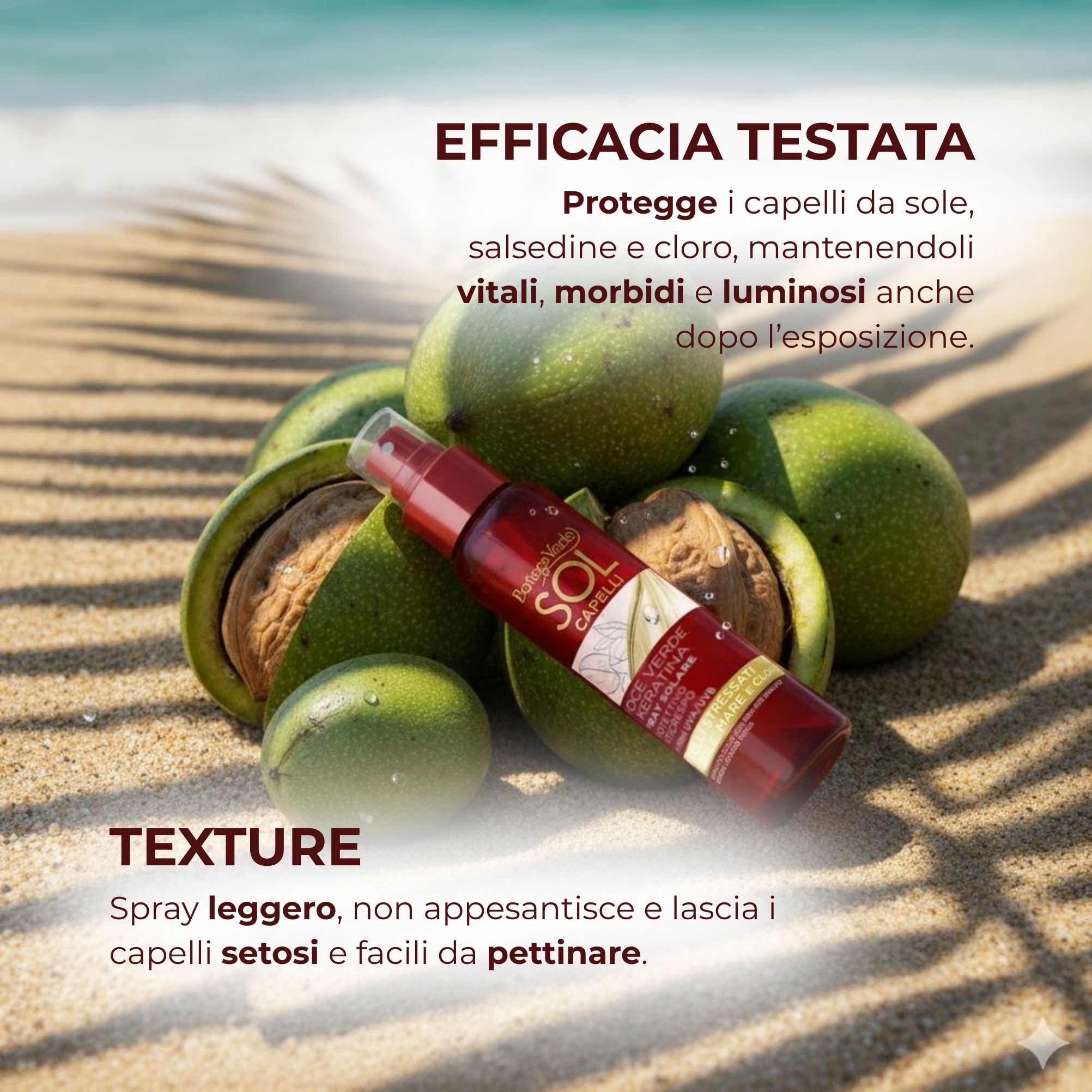 Sol Capelli - Noce verde e Keratina - Spray solare - protettivo anti-crespo - con olio di Noce verde e Keratina - con filtro UVA/UVB - capelli stressati da sole, mare e cloro