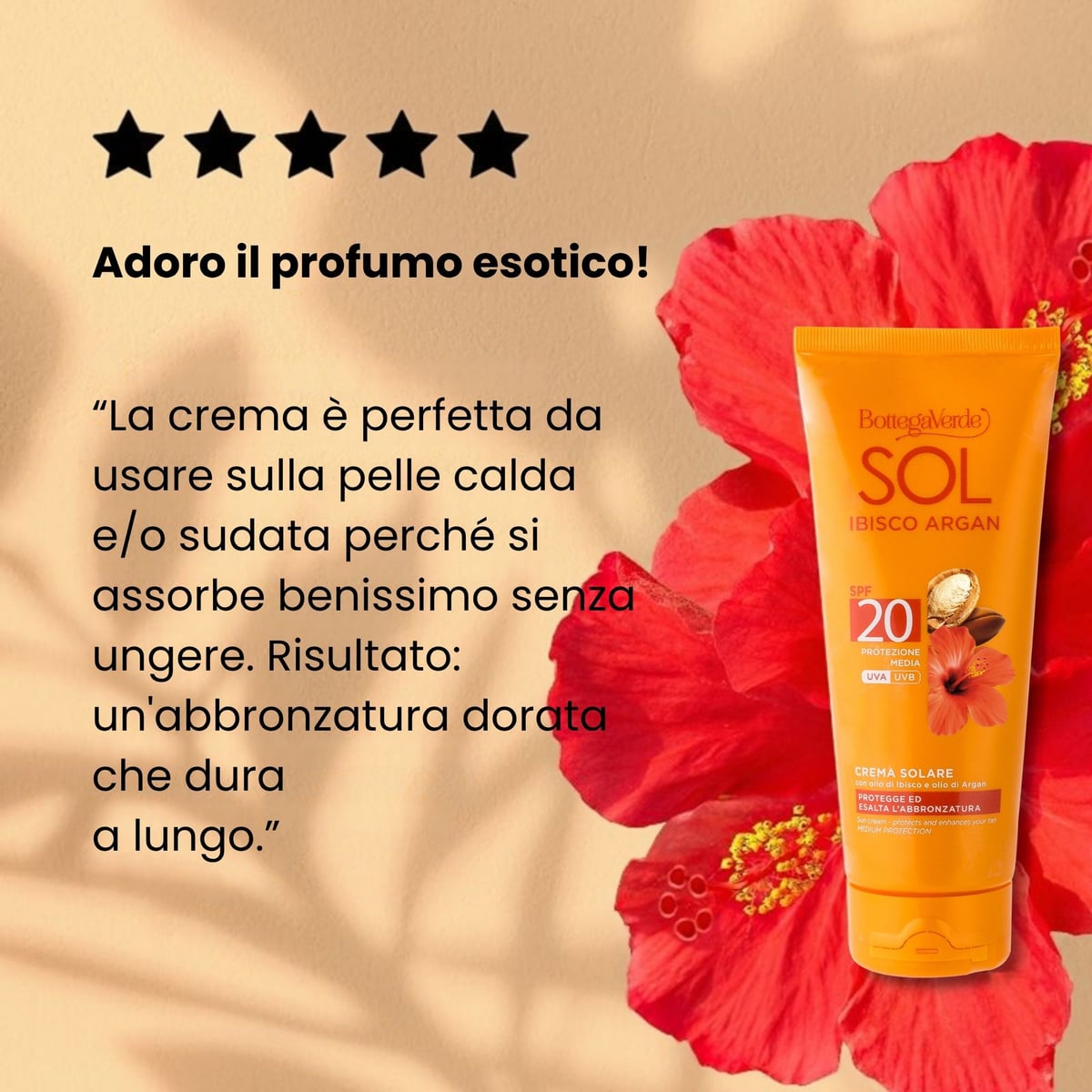 SOL Ibisco Argan - Crema solare - protegge ed esalta l'abbronzatura - con olio di Ibisco e olio di Argan - protezione media SPF20