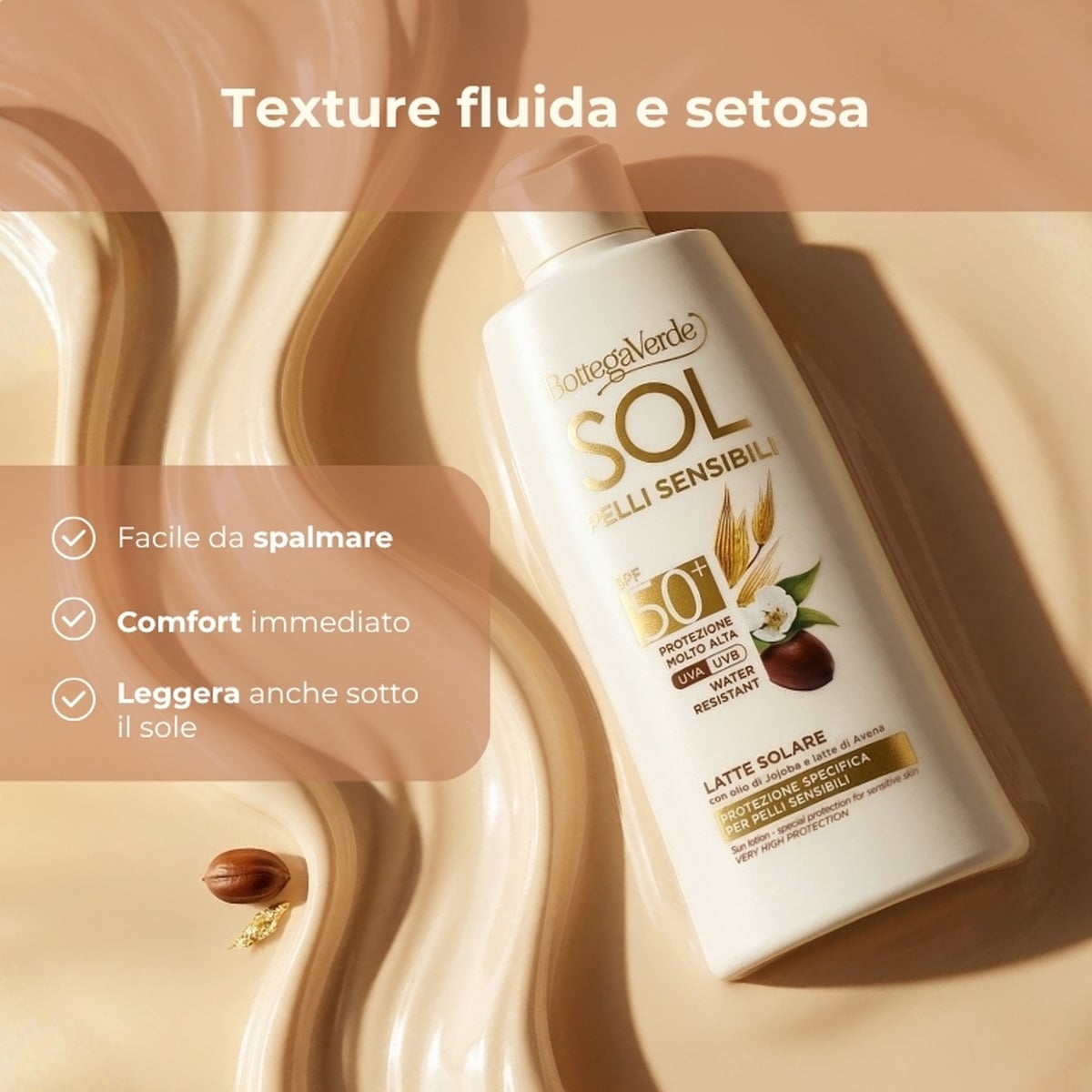 SOL pelli sensibili - Latte solare - protezione specifica per pelli sensibili - con olio di Jojoba e latte di Avena - protezione molto alta SPF50+ - water resistant