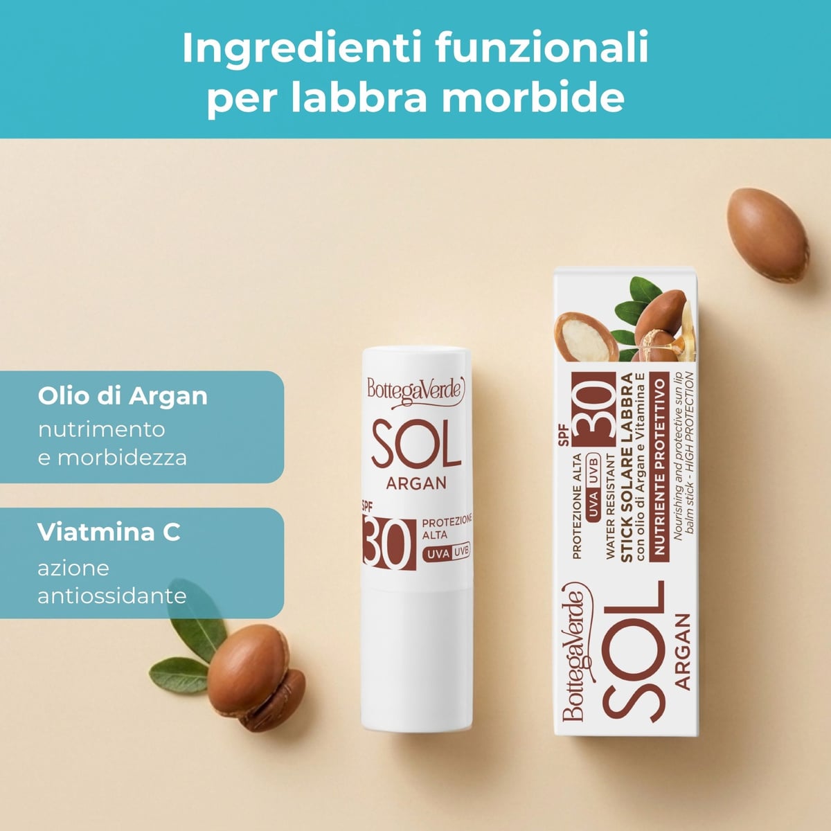 SOL Argan - Stick solare labbra  - nutre e protegge  - con olio di Argan e Vitamina E - protezione alta SPF30 - water resistant