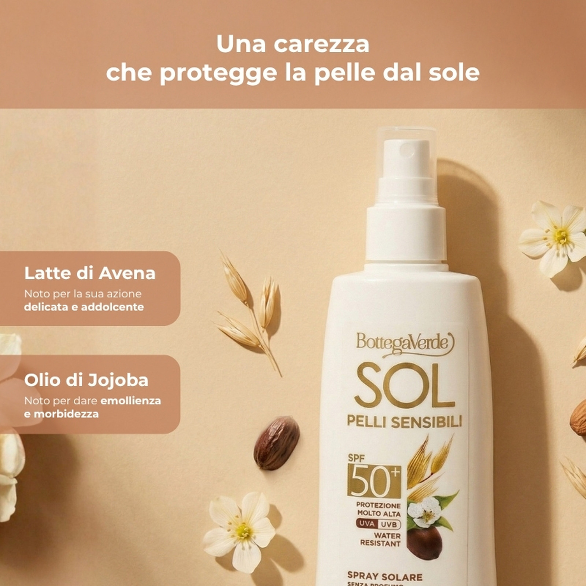 SOL pelli sensibili - Spray solare - senza profumo - protezione specifica per pelli sensibili - con olio di Jojoba e latte di Avena - protezione molto alta SPF50+ - water resistant
