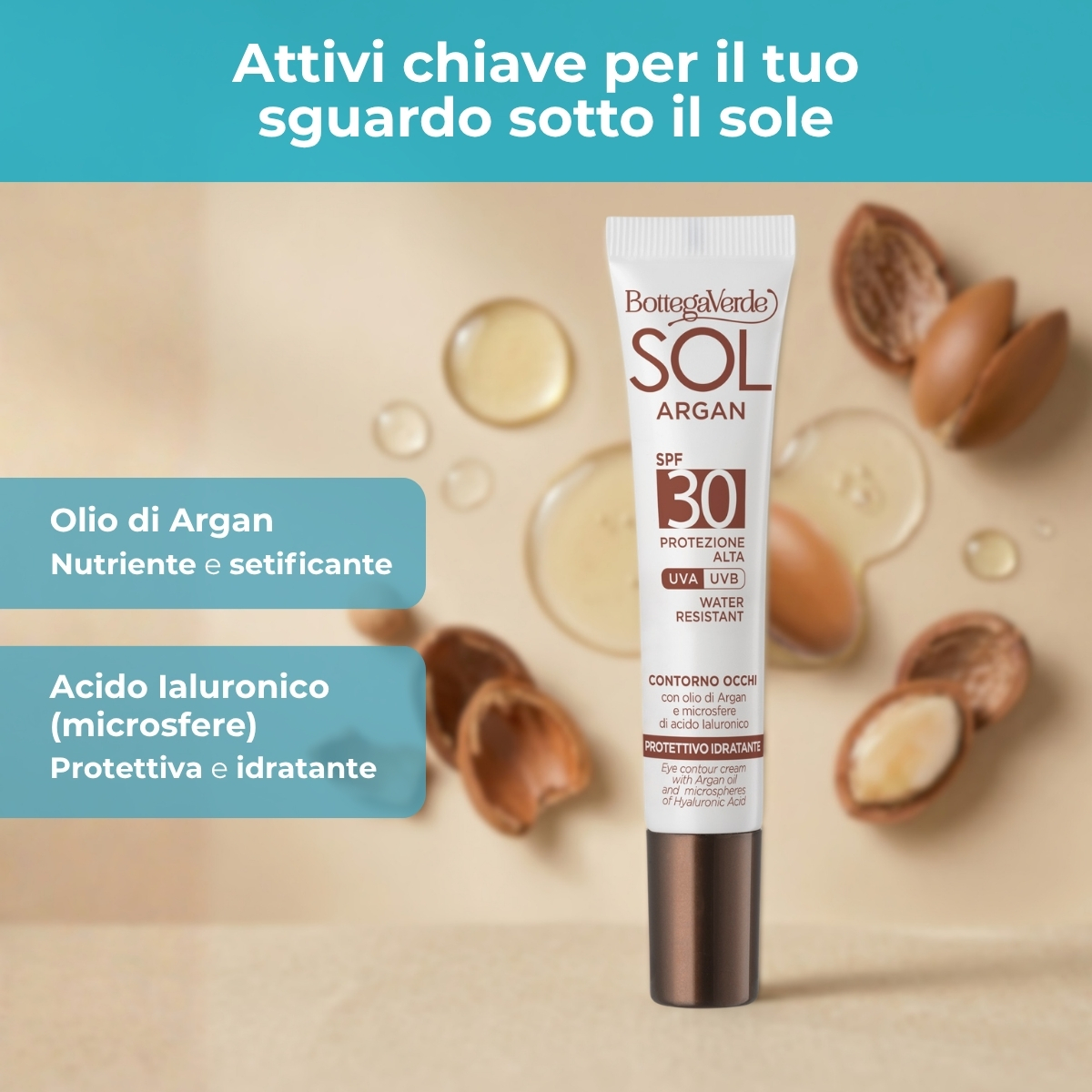SOL Argan - Contorno occhi - protettivo idratante - con olio di Argan e microsfere di acido Ialuronico - SPF30 protezione alta - water resistant