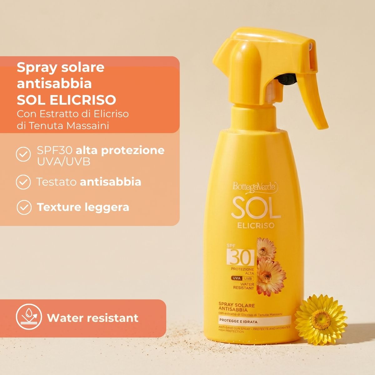 SOL Elicriso - Spray solare antisabbia - protegge e idrata - con estratto di Elicriso di Tenuta Massaini - SPF30 protezione alta - water resistant