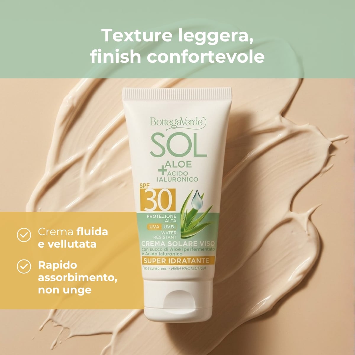 SOL Aloe Acido Ialuronico - Crema solare viso - super idratante - con succo di Aloe iperfermentato e Acido Ialuronico - protezione alta SPF30 - water resistant