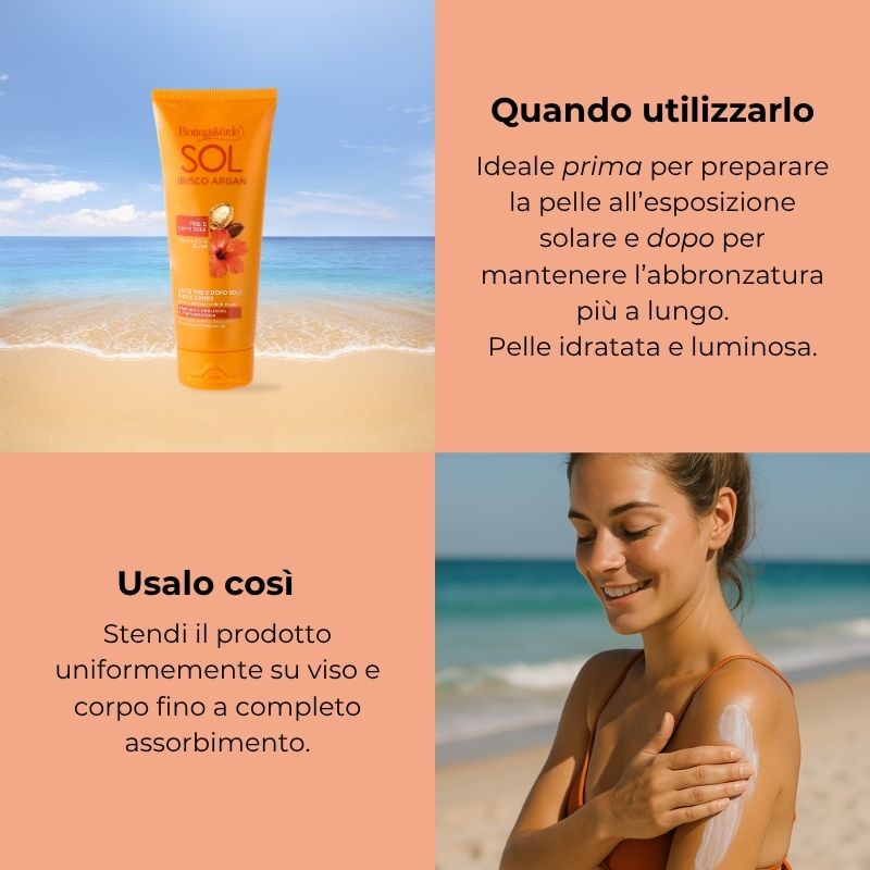 SOL Ibisco Argan - Latte pre e dopo sole - viso e corpo - prepara e prolunga l'abbronzatura - con olio di Ibisco e olio di Argan - pre e dopo sole - senza filtri solari