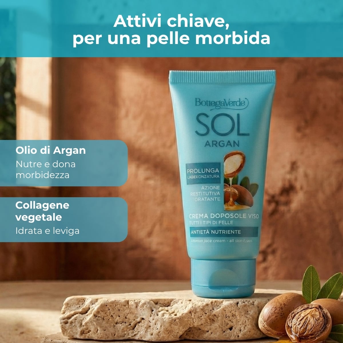 SOL Argan - Crema doposole viso - antiet&agrave; nutriente - con olio di Argan e Collagene vegetale - prolunga l'abbronzatura - tutti i tipi di pelle