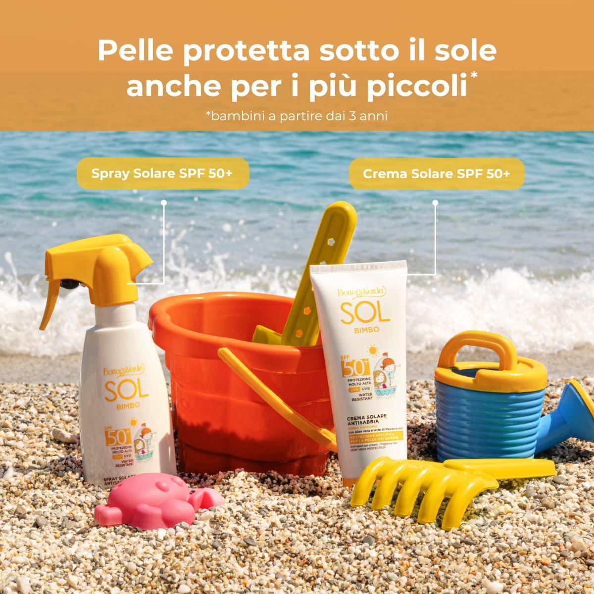 SOL bimbo - Spray solare - antisabbia, resistente all'acqua - con Aloe vera e latte di Mandorle dolci - protezione molto alta SPF50+ (250 ml) - protezione specifica per la pelle dei bambini