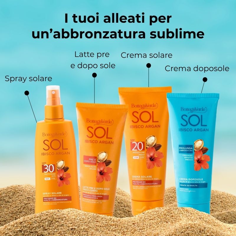 SOL Ibisco Argan - Latte pre e dopo sole - viso e corpo - prepara e prolunga l'abbronzatura - con olio di Ibisco e olio di Argan - pre e dopo sole - senza filtri solari