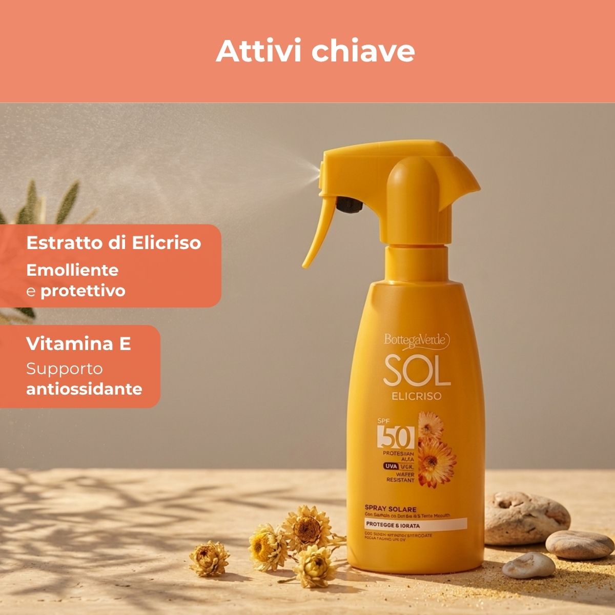 SOL Elicriso - Spray solare - protegge e idrata - con estratto di Elicriso Tenutra Massaini - protezione alta SPF50 - water resistant