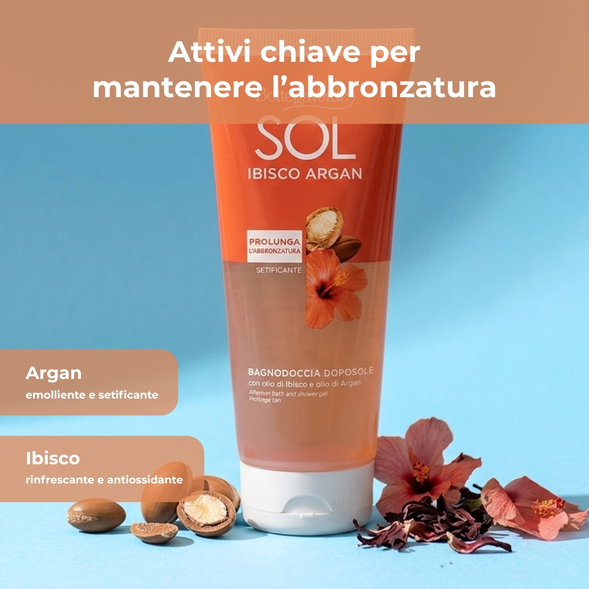 SOL Ibisco Argan - Bagnodoccia doposole - setificante - con olio di Ibisco e olio di Argan - prolunga l'abbronzatura