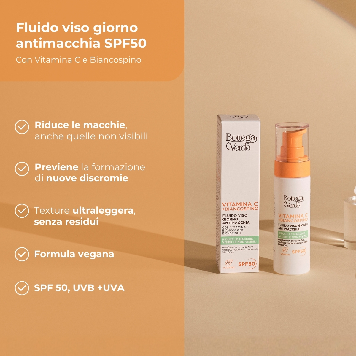 Vitamina C + Biancospino - Fluido viso giorno antimacchia SPF50 - con Vitamina C, Biancospino e Cybright - riduce le macchie visibili e non visibili