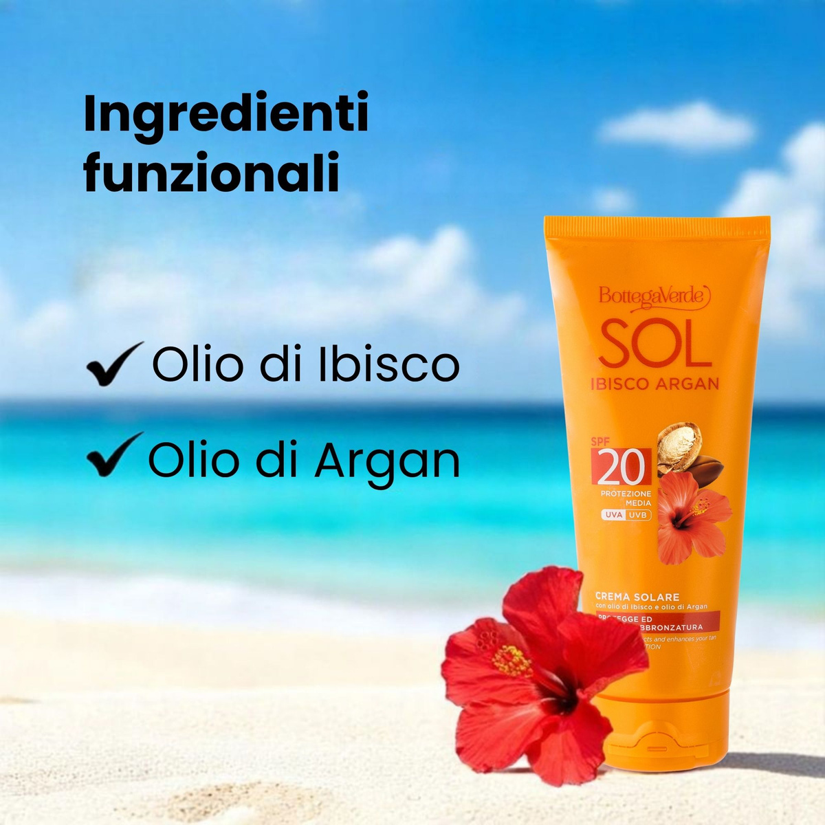 SOL Ibisco Argan - Crema solare - protegge ed esalta l'abbronzatura - con olio di Ibisco e olio di Argan - protezione media SPF20