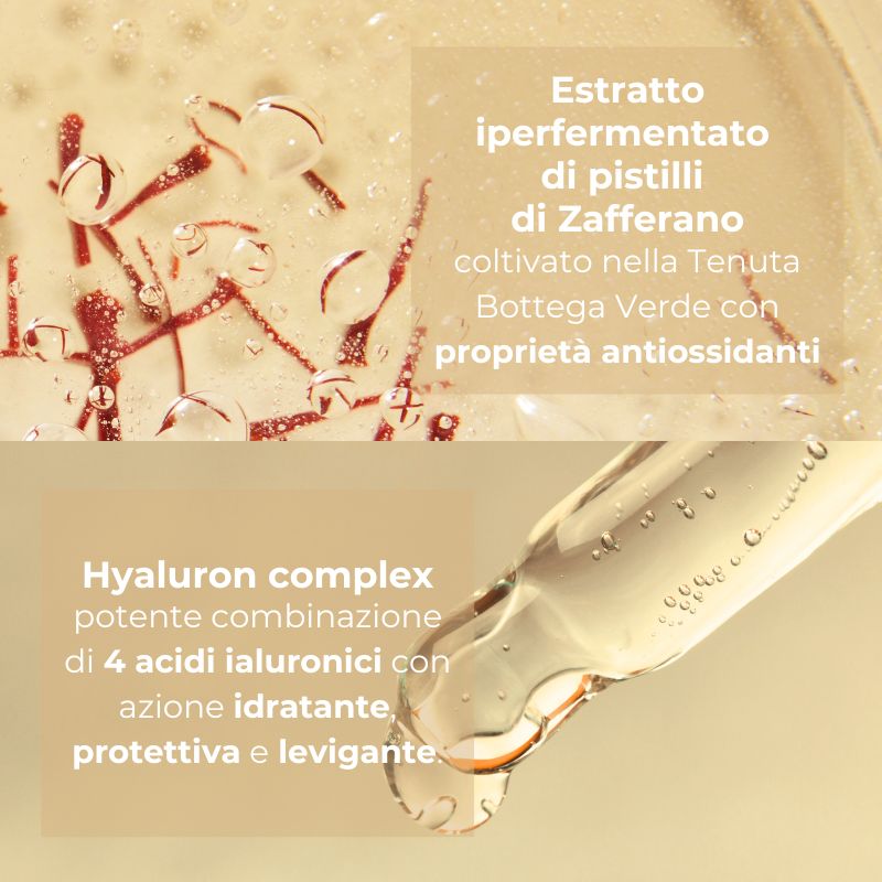 Pistilli di Zafferano - Gocce d'Oro - Siero viso booster di luce - idratante con oro 23 KT - con estratto iperfermentato di Zafferano e Hyaluron complex