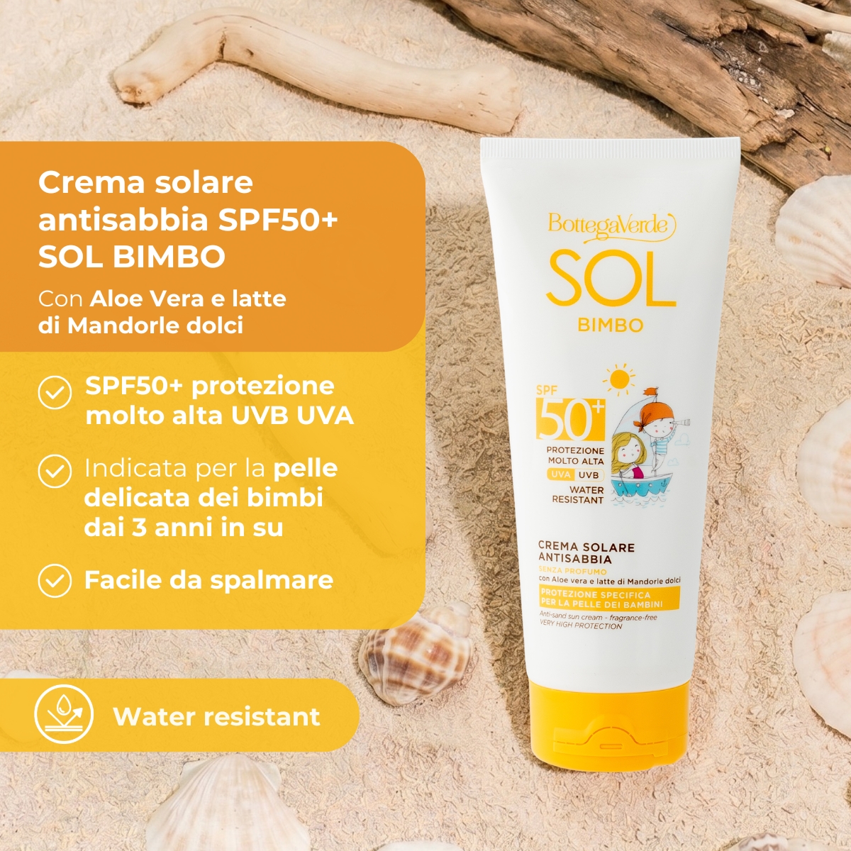 SOL bimbo - Crema solare - antisabbia, resistente all'acqua - senza profumo - con Aloe vera e latte di Mandorle dolci - protezione molto alta SPF50+  - water resistant - protezione specifica per la pelle dei bambini