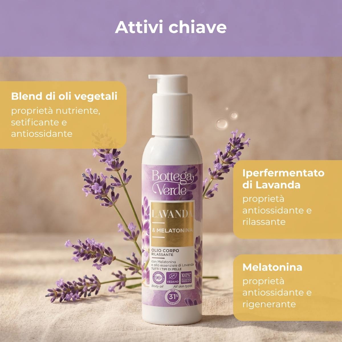 Lavanda Melatonina - Olio corpo rilassante - con Melatonina e olio essenziale di Lavanda - per tutti i tipi di pelle