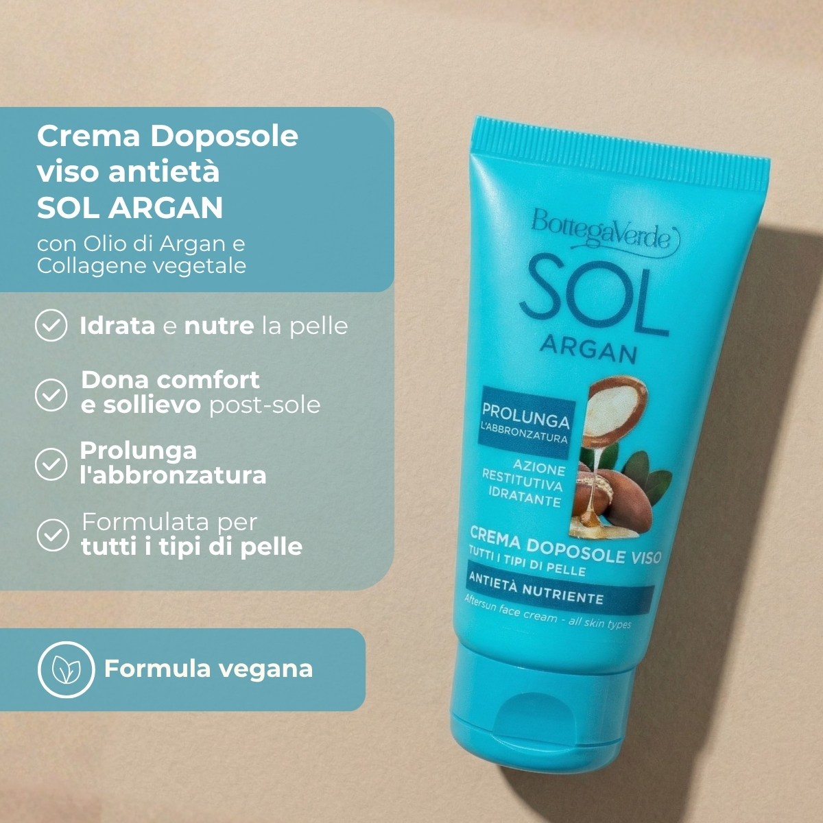 SOL Argan - Crema doposole viso - antiet&agrave; nutriente - con olio di Argan e Collagene vegetale - prolunga l'abbronzatura - tutti i tipi di pelle