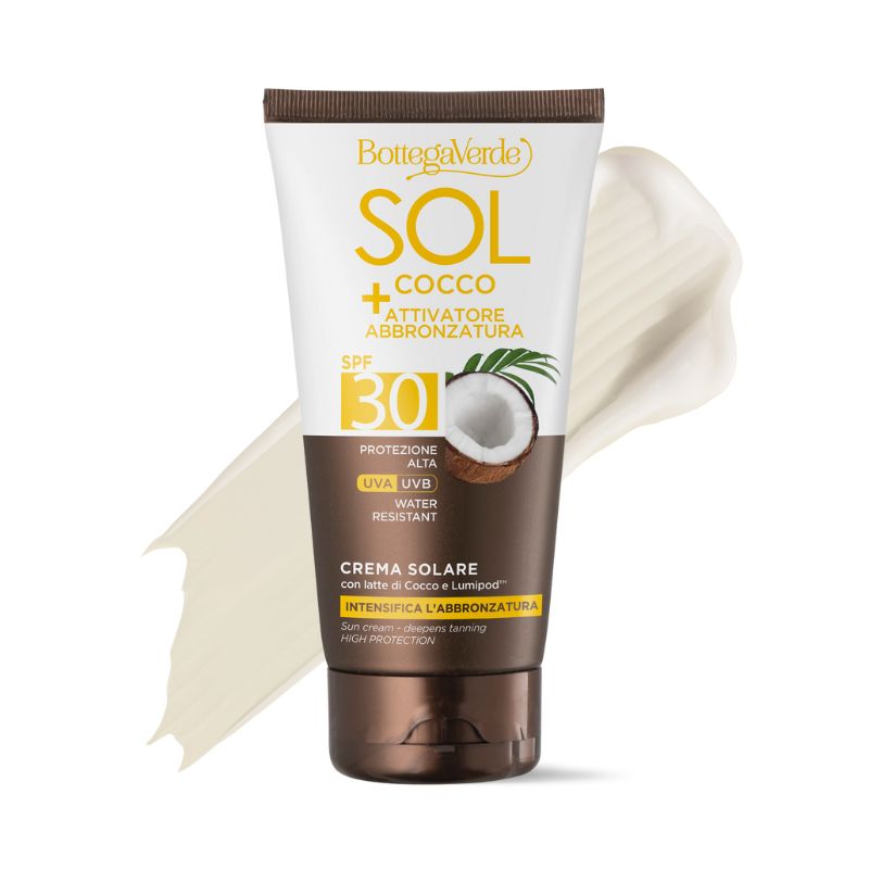 SOL Cocco + Attivatore di abbronzatura - Crema solare- intensifica l'abbronzatura - con latte di Cocco e Lumipod<TM/>(150 ml) - water resistant - protezione alta SPF30