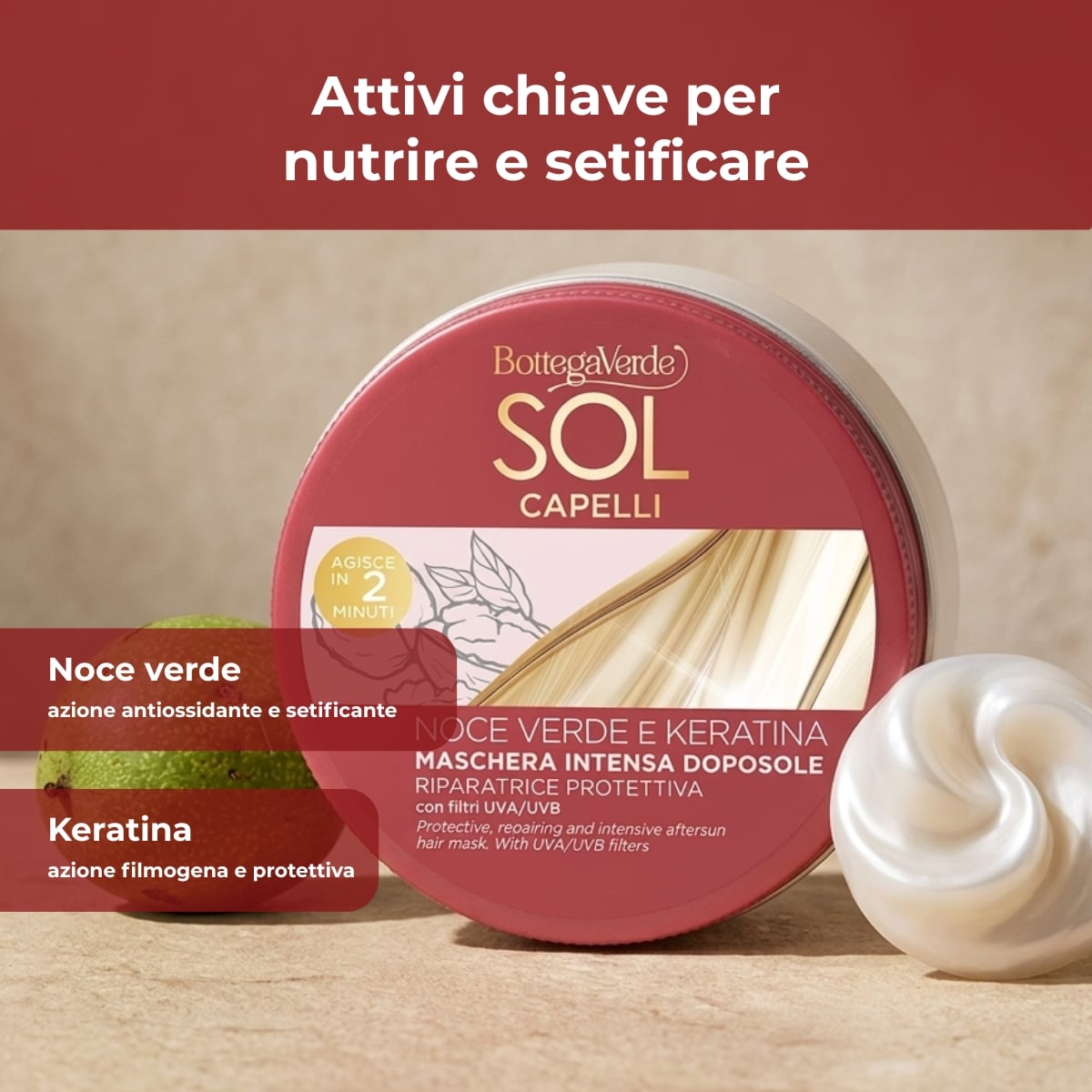 Sol Capelli - Noce verde e Keratina - Maschera intensa doposole - riparatrice protettiva - con olio di Noce verde e Keratina - con filtro UVA/UVB - capelli stressati da sole, mare e cloro