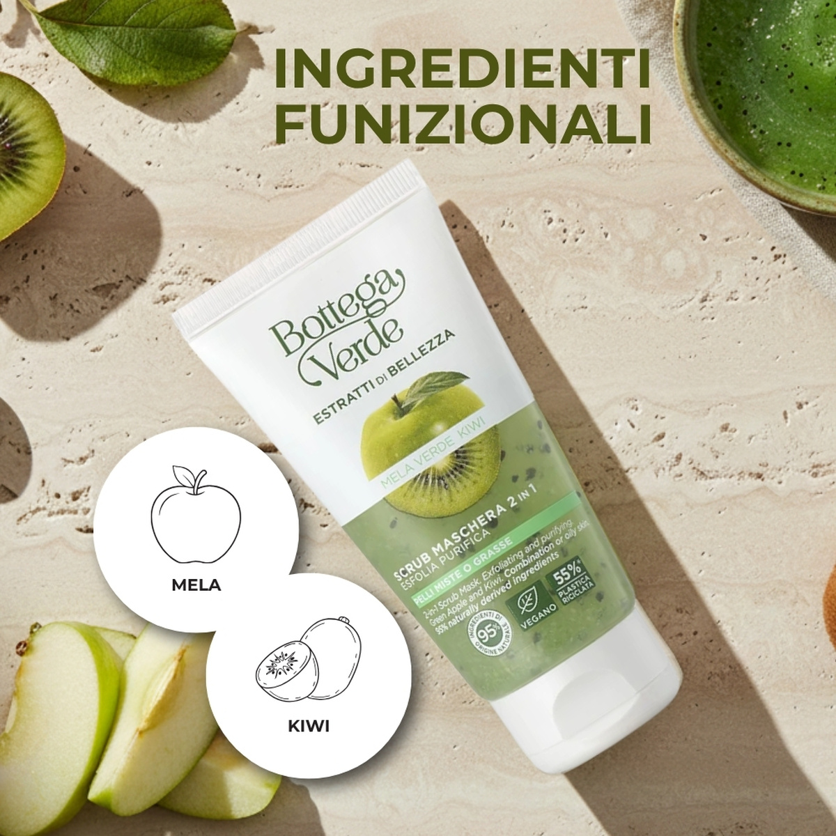 Estratti di bellezza - Scrub - Maschera 2 in 1 -  Mela verde e Kiwi - esfolia purifica -  pelli miste o grasse