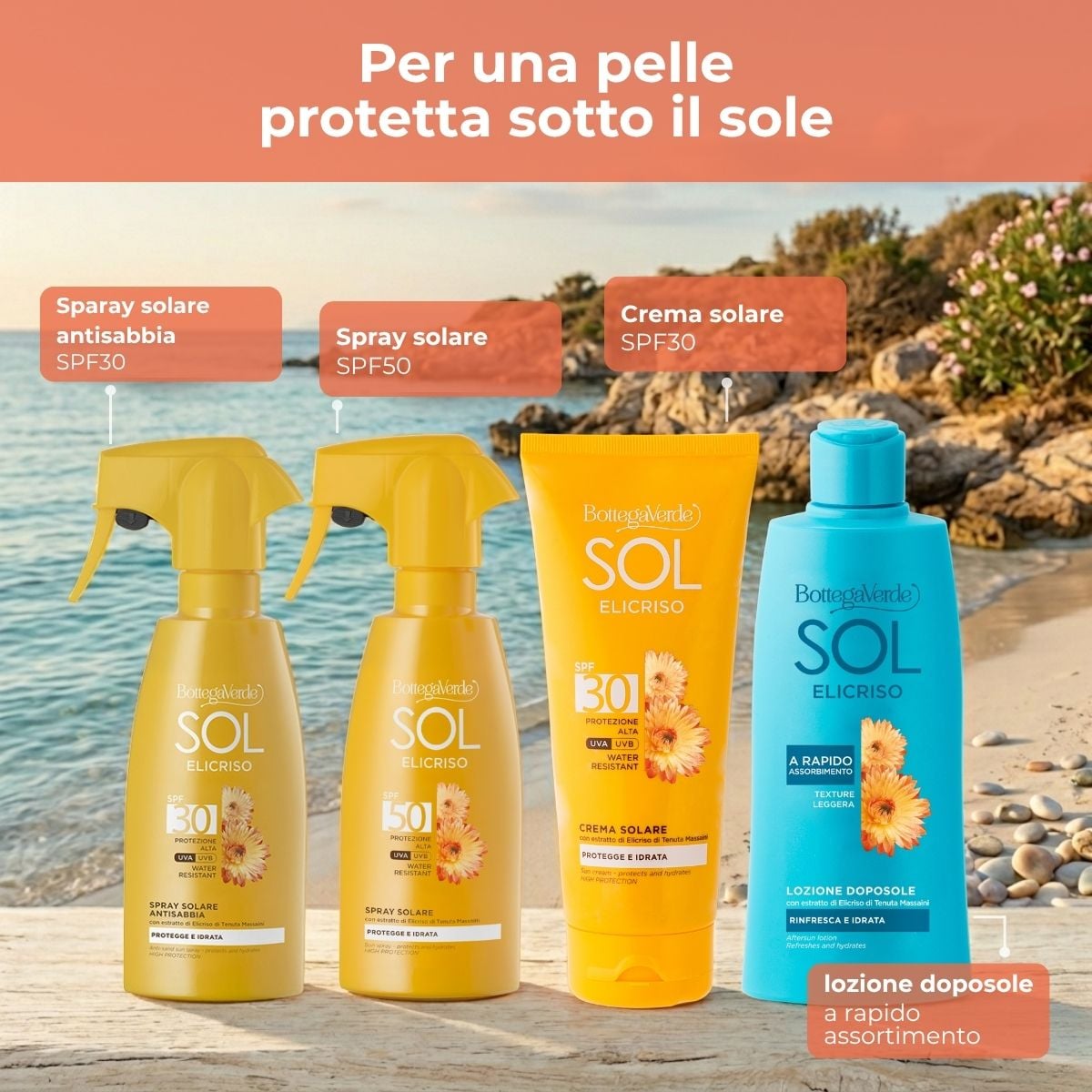 SOL Elicriso - Spray solare - protegge e idrata - con estratto di Elicriso Tenutra Massaini - protezione alta SPF50 - water resistant