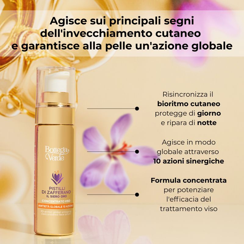Pistilli di Zafferano - Il Siero oro - Concentrato viso antiet&agrave; globale 10 azioni - con SAFFRON-IDE PRO AGE<TM/> con Ceramidi e iperfermentato di Zafferano