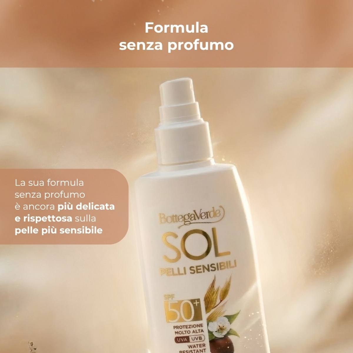 SOL pelli sensibili - Spray solare - senza profumo - protezione specifica per pelli sensibili - con olio di Jojoba e latte di Avena - protezione molto alta SPF50+ - water resistant