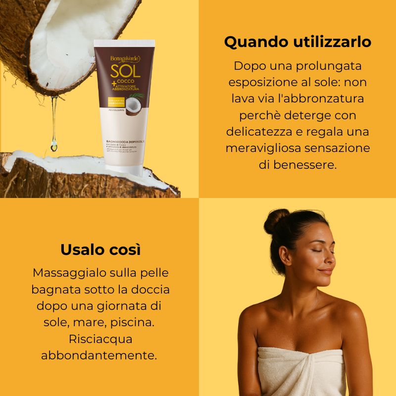SOL Cocco + Attivatore di abbronzatura - Bagnodoccia doposole - addolcente - con Latte di Cocco e attivatore di abbronzatura - non lava via l'abbronzatura