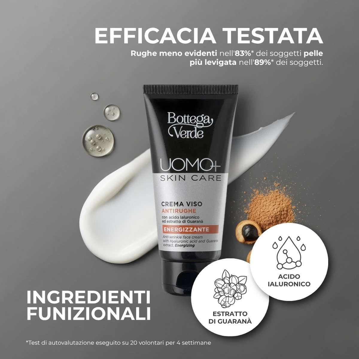UOMO+ skincare - Crema viso - antirughe energizzante - con acido Ialuronico ed estratto di Guaran&agrave;