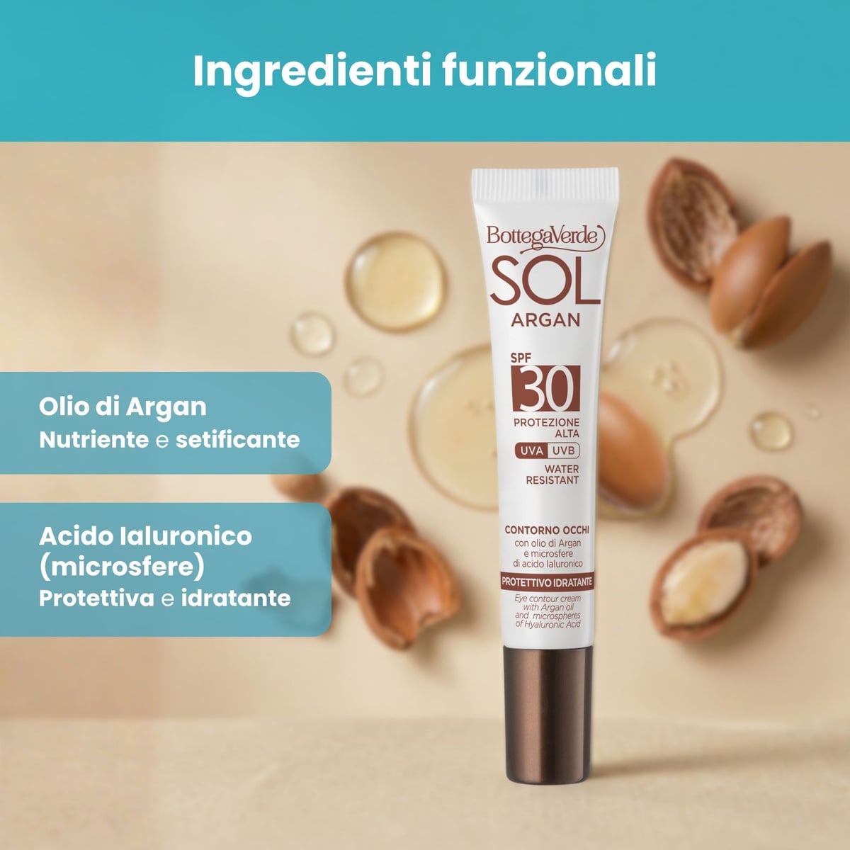 SOL Argan - Contorno occhi - protettivo idratante - con olio di Argan e microsfere di acido Ialuronico - SPF30 protezione alta - water resistant
