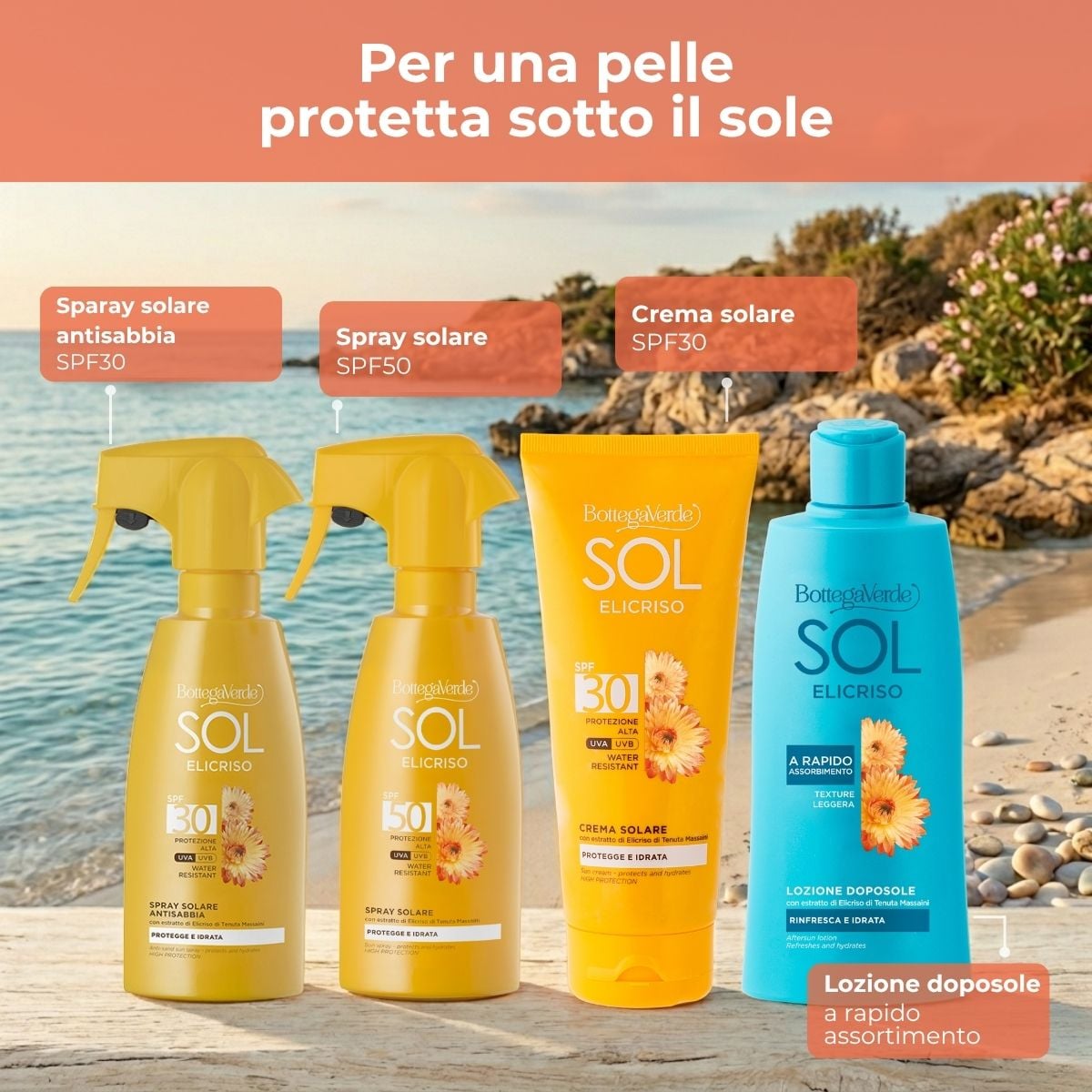 SOL Elicriso - Spray solare antisabbia - protegge e idrata - con estratto di Elicriso di Tenuta Massaini - SPF30 protezione alta - water resistant