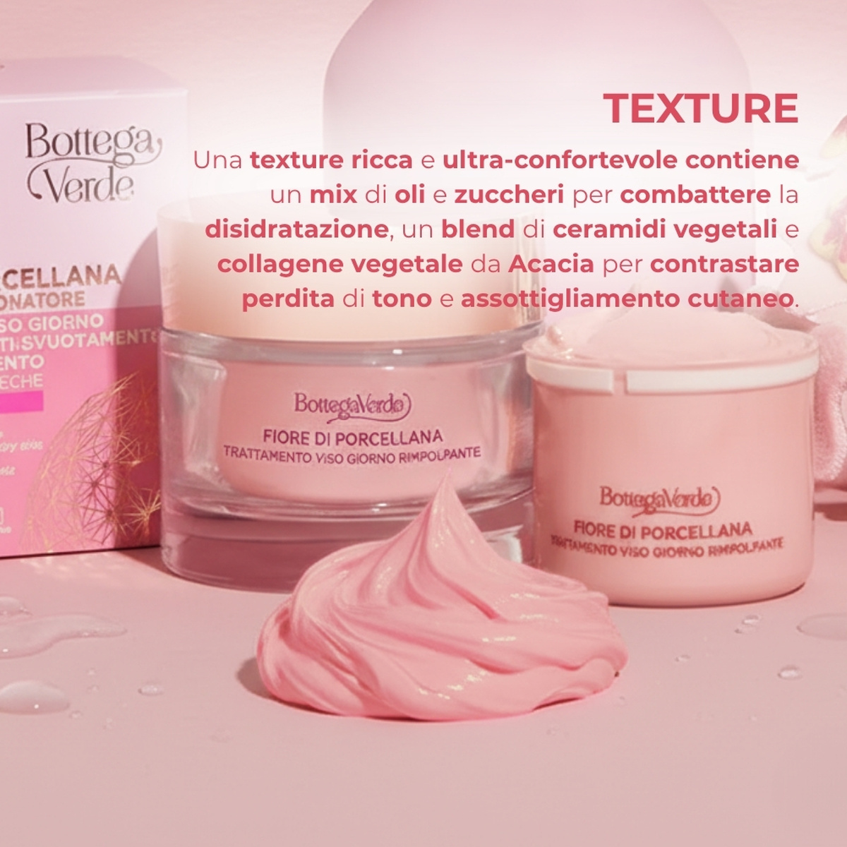 Fiore di Porcellana - Sistema perfezionatore - Trattamento viso giorno - rimpolpante  anti-svuotamento e anti-infragilimento - con pigmenti rosa - con Ceramidi vegetali, Collagene vegetale da Acacia e Fiore di Porcellana - pelli normali o secche