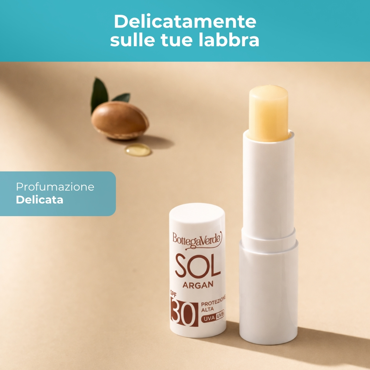 SOL Argan - Stick solare labbra  - nutre e protegge  - con olio di Argan e Vitamina E - protezione alta SPF30 - water resistant